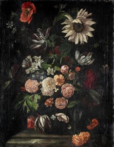 Rosor, tulpaner, vallmo, en solros och andra blommor